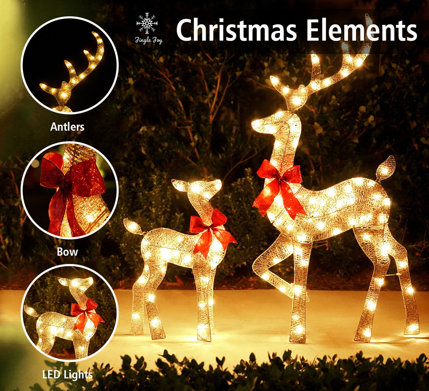 Jingle Joy 4ft Compact Elegance 2D 3-Piece Deer Family - Outdoor Christmas Deer Set with 175 LED warm twinkle Lights - Festive Holiday Reindeer Decor Yard Display - Weather-Resistant Decor with Stakes